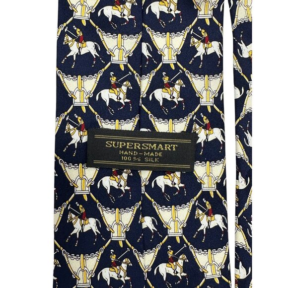 Handmade Supersmart 100% Silk Blue Equestrian Polo Pattern Mens Necktie - Picture 5 of 6